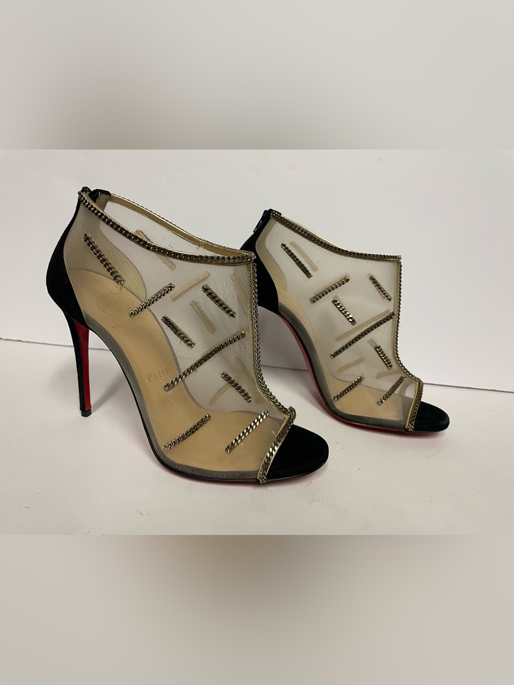 Christian Louboutin mesh chain suede heels pumps sandals black 36.5